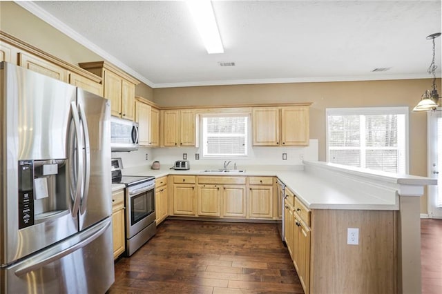 kitchen with light brown cabinets, visible vents, a peninsula, a sink, and stainless steel appliances