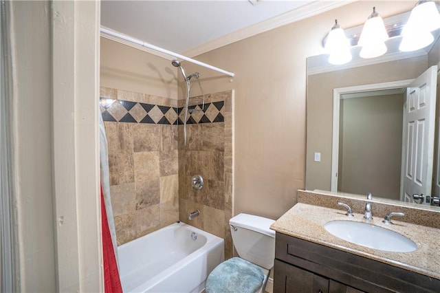 1137 Fortress Ave SW, Atlanta, GA 30315 - bathroom with vanity, toilet, shower / bathtub combination with curtain, and ornamental molding