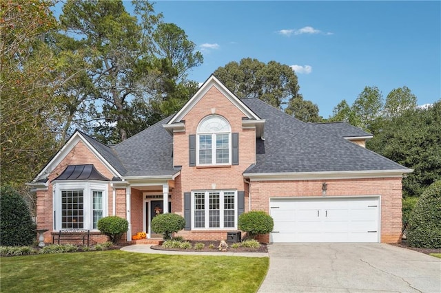 view of property with a garage and a front yard