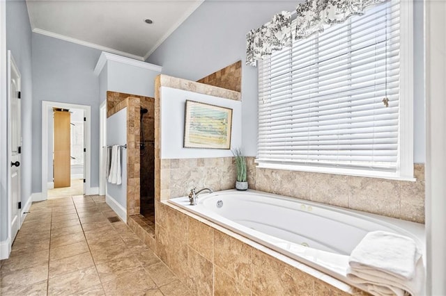 full bath featuring a bath, crown molding, tile patterned flooring, and a walk in shower