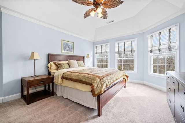 bedroom with visible vents, baseboards, and light carpet