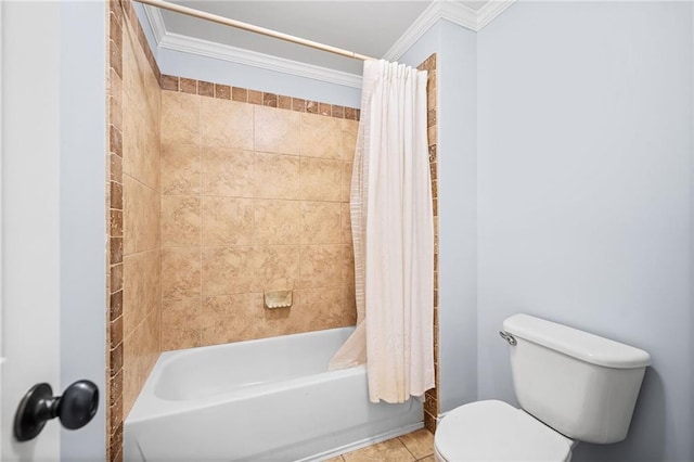 bathroom with shower / bath combination with curtain, toilet, ornamental molding, and tile patterned flooring