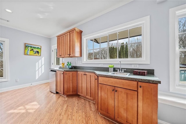 kitchen featuring dark countertops, light wood-type flooring, stainless steel dishwasher, and a sink