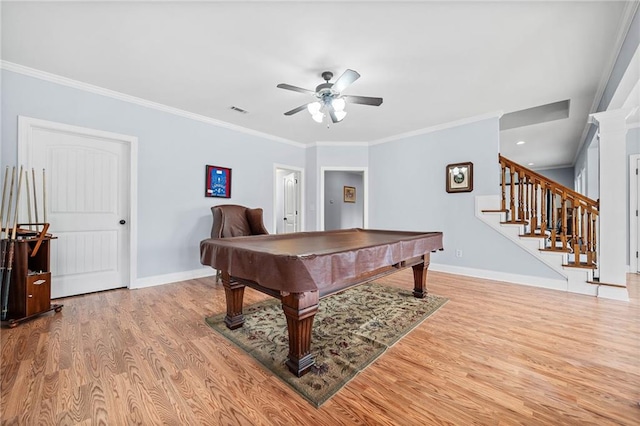 rec room with baseboards, a ceiling fan, billiards, and wood finished floors