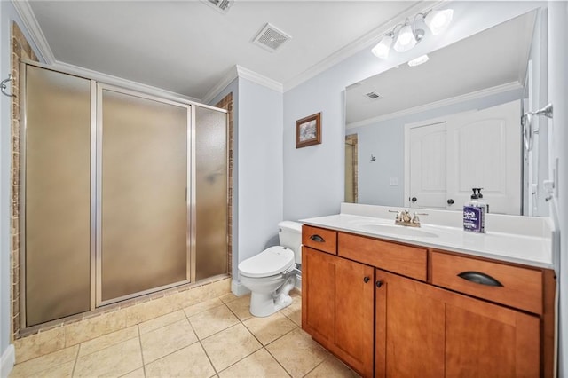 full bathroom featuring a shower stall, tile patterned floors, visible vents, toilet, and ornamental molding