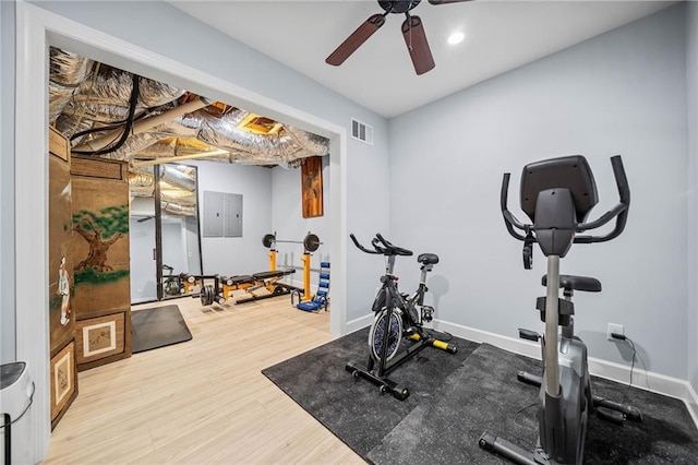 workout area featuring electric panel, baseboards, visible vents, a ceiling fan, and wood finished floors