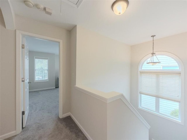 750 Summerstone Ln, Lawrenceville, GA 30044 - hallway with carpet floors, an upstairs landing, baseboards, and attic access