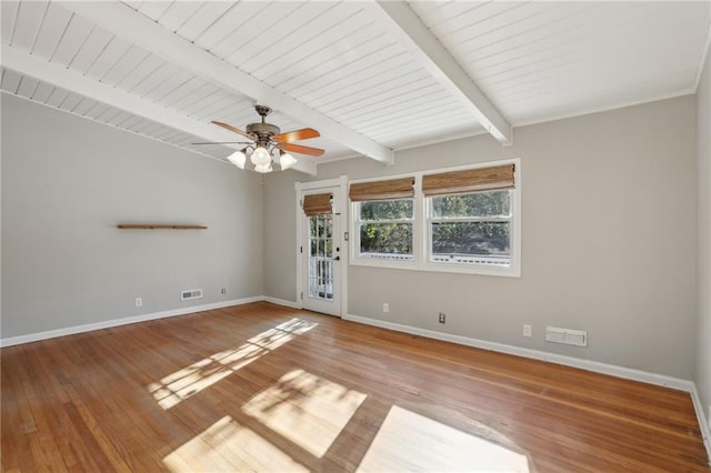 empty room with hardwood / wood-style flooring, ceiling fan, and beamed ceiling