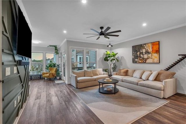 2066 Patterson Park Rd, Decatur, GA 30033 - living room with ornamental molding, recessed lighting, ceiling fan, wood finished floors, and baseboards