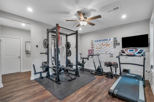 2066 Patterson Park Rd, Decatur, GA 30033 - exercise area with ceiling fan, wood finished floors, baseboards, and recessed lighting