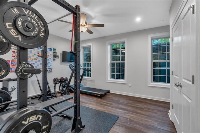 2066 Patterson Park Rd, Decatur, GA 30033 - exercise area featuring wood finished floors, baseboards, a ceiling fan, and recessed lighting
