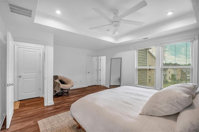 2066 Patterson Park Rd, Decatur, GA 30033 - bedroom with a raised ceiling, wood finished floors, recessed lighting, baseboards, and a ceiling fan