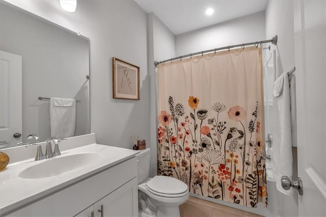 2066 Patterson Park Rd, Decatur, GA 30033 - full bathroom featuring toilet, vanity, tile patterned flooring, and a shower with curtain