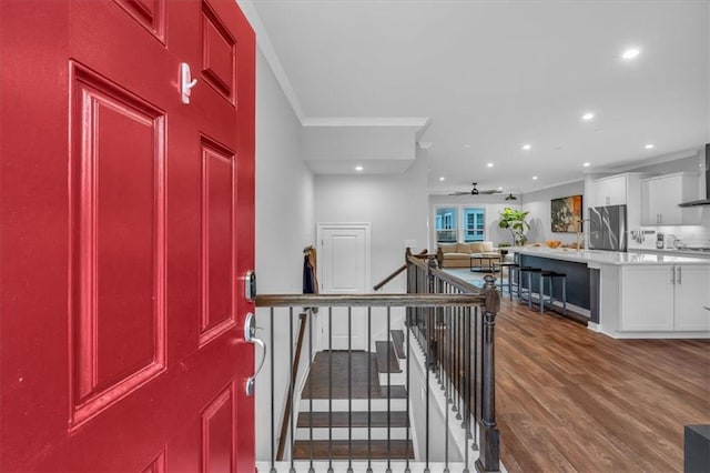 2066 Patterson Park Rd, Decatur, GA 30033 - foyer with dark wood finished floors, recessed lighting, ornamental molding, and a ceiling fan