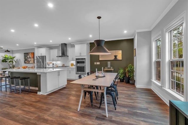 2066 Patterson Park Rd, Decatur, GA 30033 - dining area with ornamental molding, recessed lighting, baseboards, and dark wood-style floors