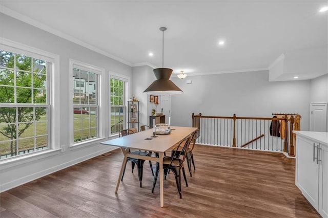 2066 Patterson Park Rd, Decatur, GA 30033 - dining area with crown molding, dark wood-type flooring, baseboards, and recessed lighting