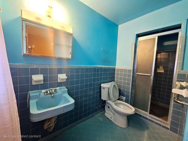 bathroom featuring toilet, sink, tile walls, a shower with door, and tile patterned flooring