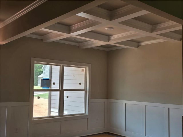 8970 Callaway Dr, Winston, GA 30187 - unfurnished room featuring a decorative wall, beamed ceiling, and coffered ceiling