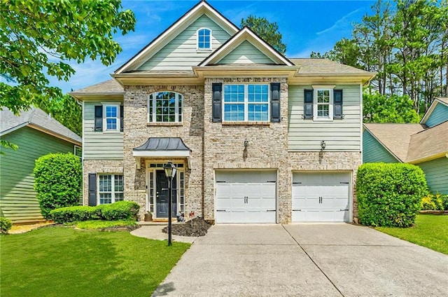 525 Roland Manor Dr, Dacula, GA 30019 - view of front facade featuring a garage, concrete driveway, a front lawn, and brick siding