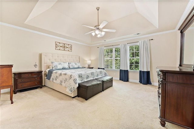 525 Roland Manor Dr, Dacula, GA 30019 - bedroom featuring a tray ceiling, light colored carpet, baseboards, crown molding, and a ceiling fan
