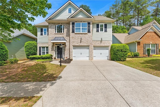 525 Roland Manor Dr, Dacula, GA 30019 - view of front facade with concrete driveway, a garage, a front yard, and brick siding