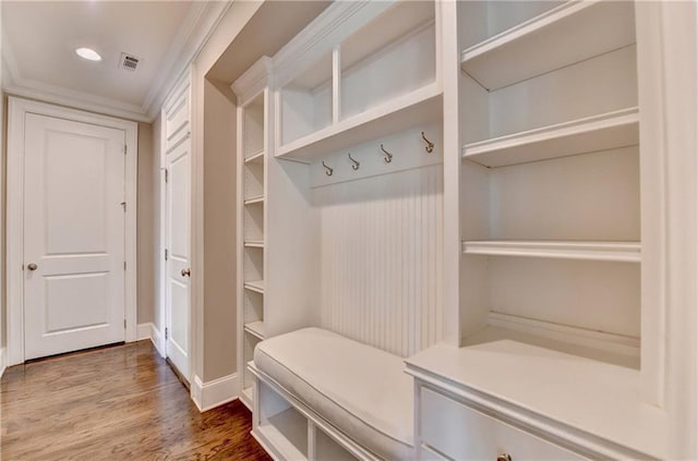 3910 Cameron Ct, Cumming, GA 30040 - mudroom featuring wood finished floors, recessed lighting, and ornamental molding