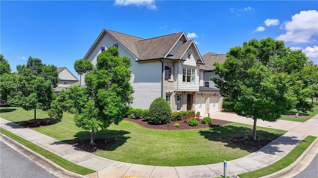 3910 Cameron Ct, Cumming, GA 30040 - view of front facade with a garage, concrete driveway, stone siding, a front yard, and a shingled roof