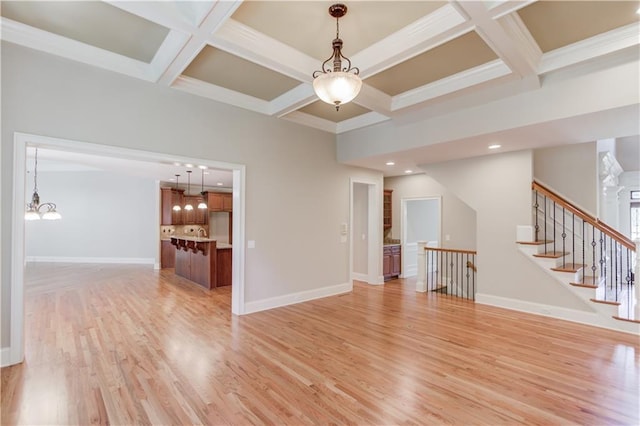 255 Beech Tree Holw, Sugar Hill, GA 30518 - empty room featuring light wood-type flooring, coffered ceiling, a chandelier, baseboards, and beam ceiling