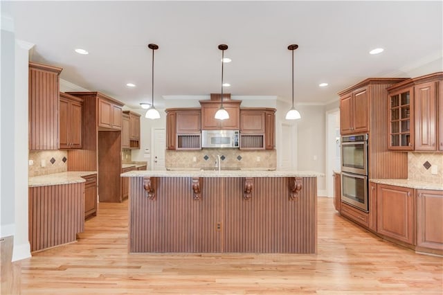 255 Beech Tree Holw, Sugar Hill, GA 30518 - kitchen with white microwave, double oven, decorative backsplash, light wood-style flooring, and recessed lighting