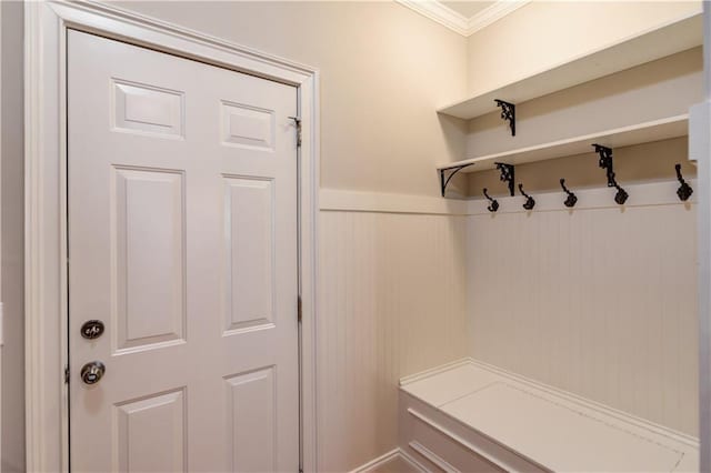 255 Beech Tree Holw, Sugar Hill, GA 30518 - mudroom featuring ornamental molding and a wainscoted wall