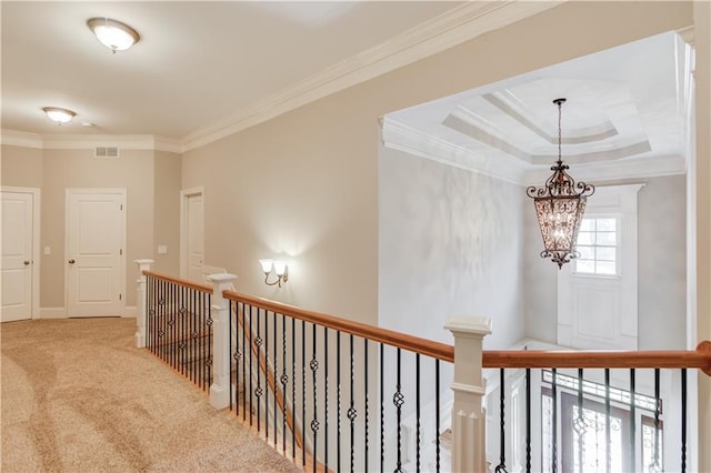 255 Beech Tree Holw, Sugar Hill, GA 30518 - corridor featuring an upstairs landing, ornamental molding, a chandelier, and carpet