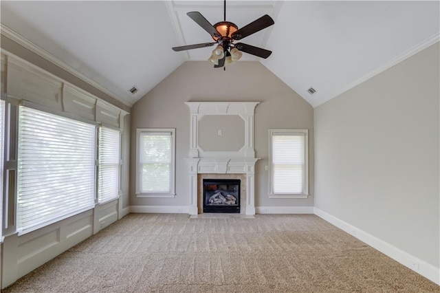 255 Beech Tree Holw, Sugar Hill, GA 30518 - unfurnished living room featuring a ceiling fan, carpet, a fireplace, and vaulted ceiling