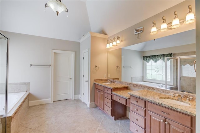 255 Beech Tree Holw, Sugar Hill, GA 30518 - full bathroom featuring vaulted ceiling, double vanity, a bath, a stall shower, and tile patterned floors