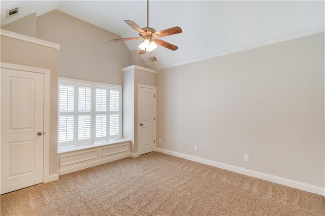 255 Beech Tree Holw, Sugar Hill, GA 30518 - empty room with ceiling fan, carpet floors, and high vaulted ceiling