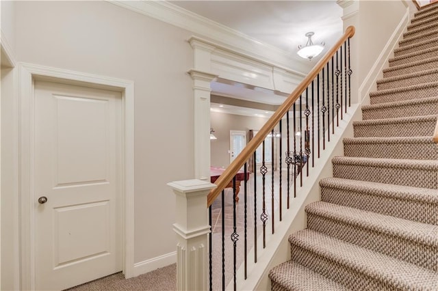 255 Beech Tree Holw, Sugar Hill, GA 30518 - stairway with carpet floors, decorative columns, ornamental molding, and baseboards