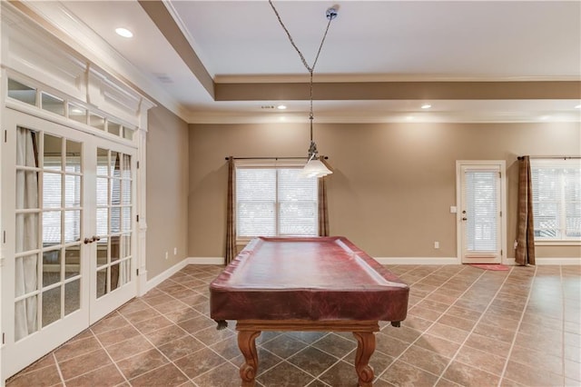 255 Beech Tree Holw, Sugar Hill, GA 30518 - playroom featuring crown molding, billiards table, tile patterned flooring, baseboards, and recessed lighting