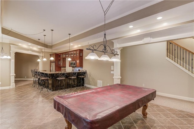 255 Beech Tree Holw, Sugar Hill, GA 30518 - recreation room with recessed lighting, crown molding, bar area, tile patterned floors, and baseboards