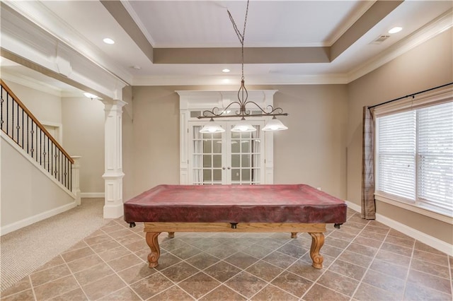 255 Beech Tree Holw, Sugar Hill, GA 30518 - playroom featuring crown molding, pool table, recessed lighting, a raised ceiling, and french doors