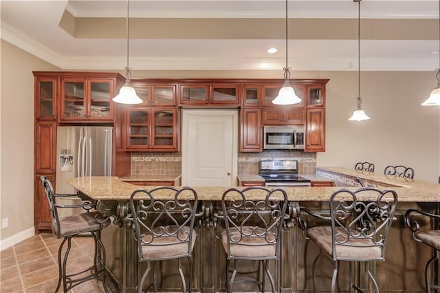 255 Beech Tree Holw, Sugar Hill, GA 30518 - kitchen with appliances with stainless steel finishes, tasteful backsplash, a kitchen bar, ornamental molding, and light stone countertops