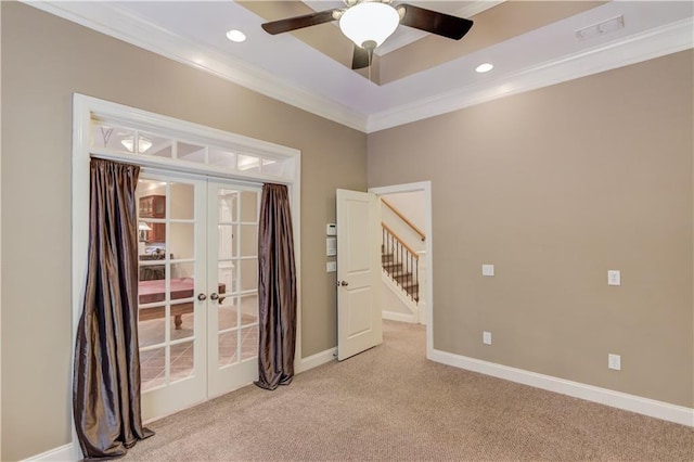 255 Beech Tree Holw, Sugar Hill, GA 30518 - unfurnished room with ornamental molding, light colored carpet, french doors, ceiling fan, and stairs