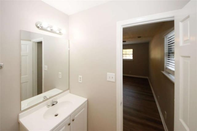 bathroom with vanity and hardwood / wood-style flooring