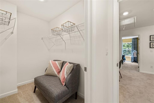 walk in closet featuring light carpet