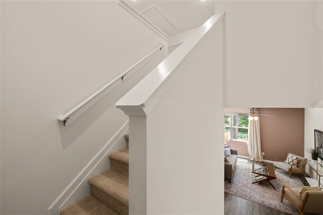 stairs with hardwood / wood-style flooring and ceiling fan