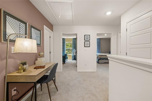 home office featuring light colored carpet