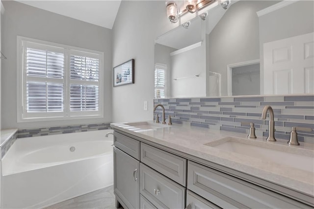 207 Amaranth Ct, Ball Ground, GA 30107 - full bath featuring decorative backsplash, double vanity, and a bath