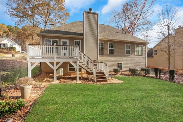 207 Amaranth Ct, Ball Ground, GA 30107 - rear view of property featuring stairway, a wooden deck, a chimney, and roof with shingles