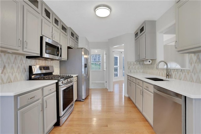 207 Amaranth Ct, Ball Ground, GA 30107 - kitchen featuring appliances with stainless steel finishes, decorative backsplash, gray cabinetry, light wood-style flooring, and light countertops