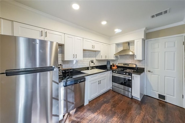 kitchen featuring white cabinets, wall chimney exhaust hood, sink, and stainless steel appliances