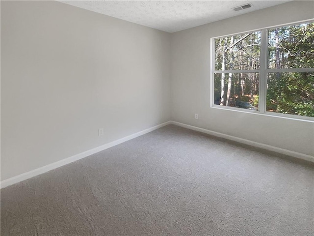 carpeted spare room with plenty of natural light, a textured ceiling, baseboards, and visible vents
