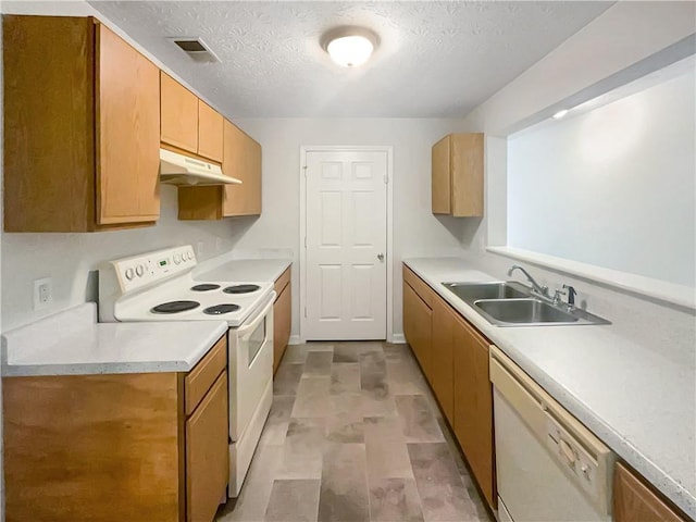 kitchen with light countertops, visible vents, white appliances, under cabinet range hood, and a sink